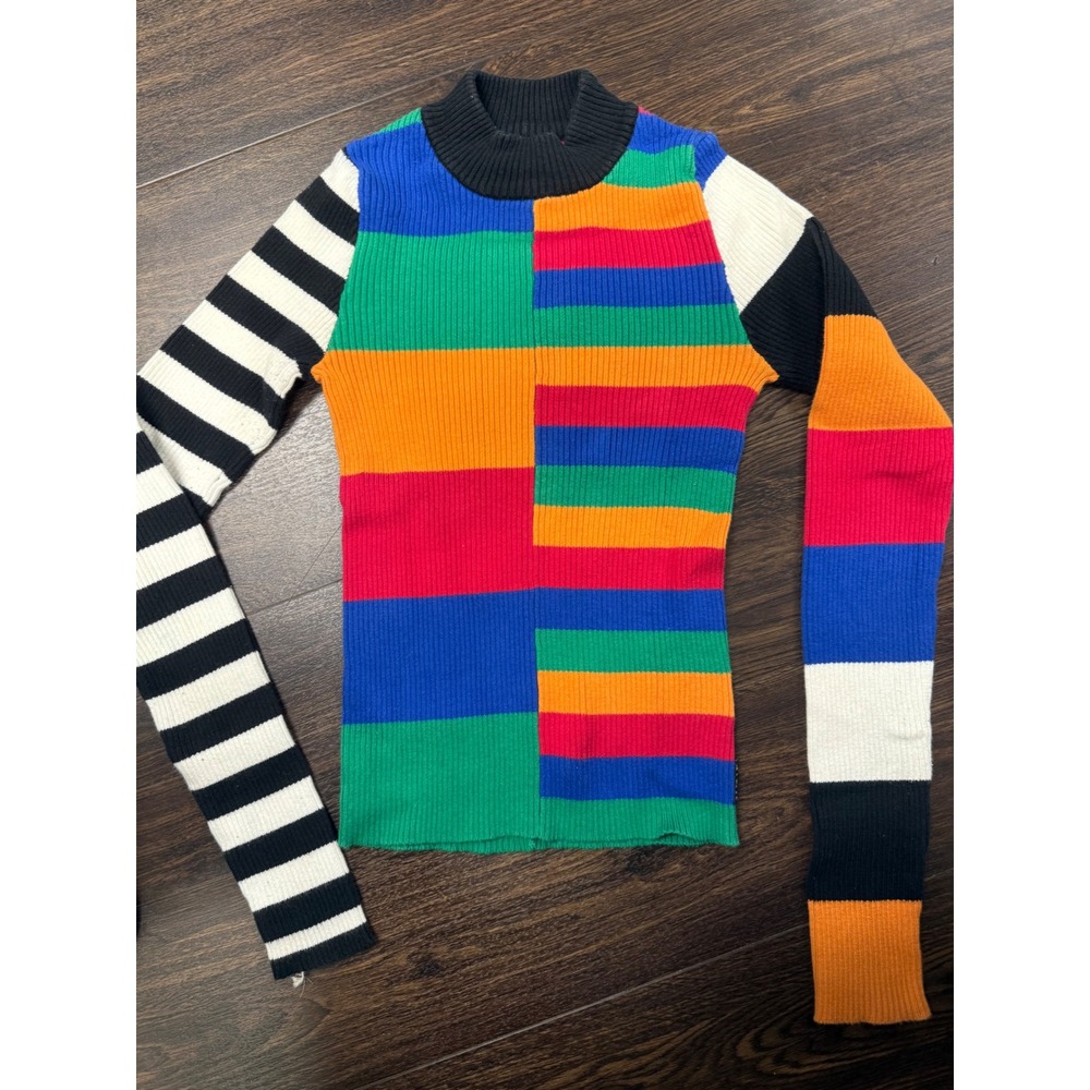 UNIF Colorblock Striped Turtleneck Sweater Small Y2K Patchwork Rainbow Cotton